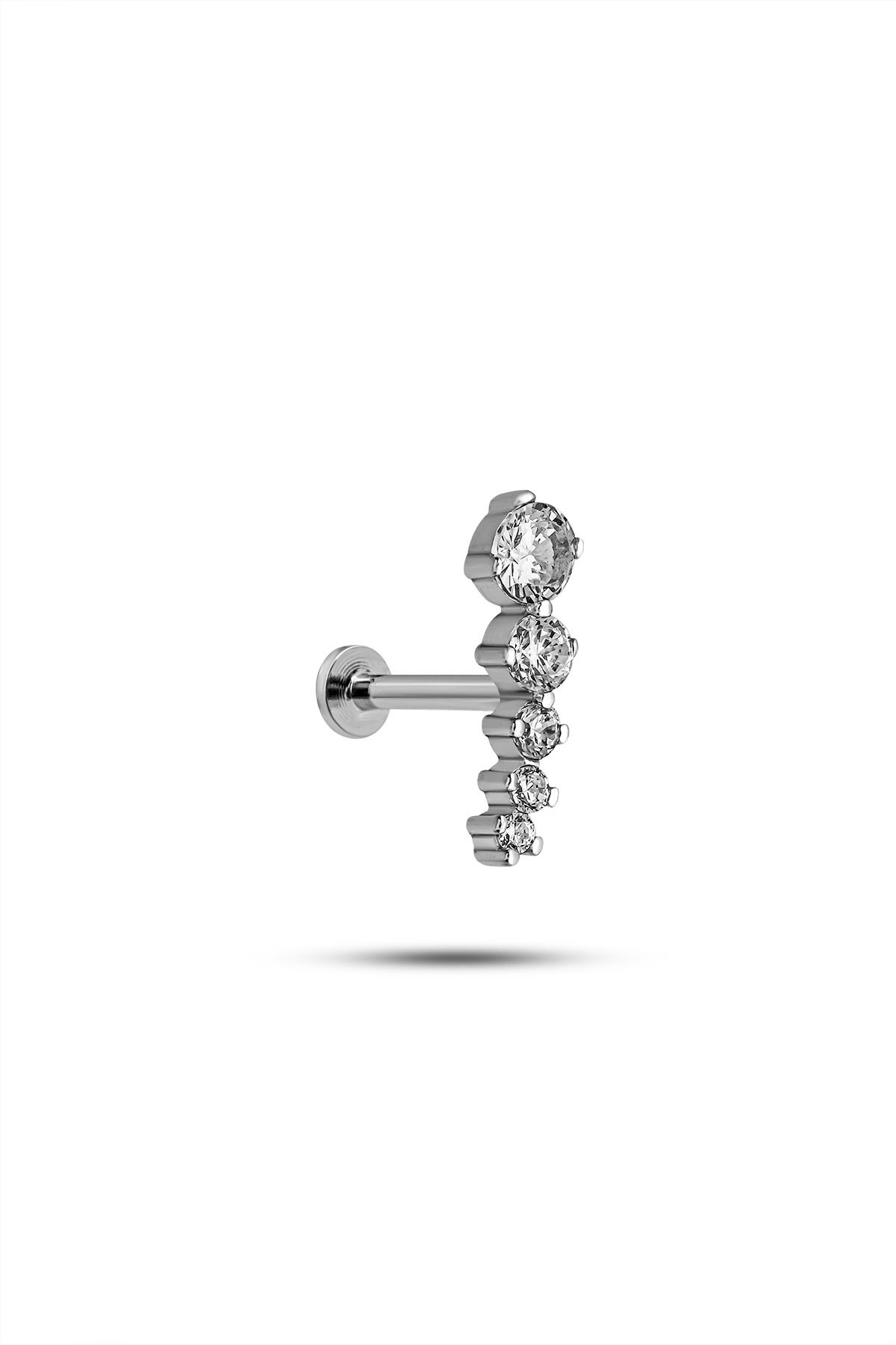 925 Ayar Gümüş Rodyumlu Minimal Süzme Beş Taşlı Tragus Piercing Küpe