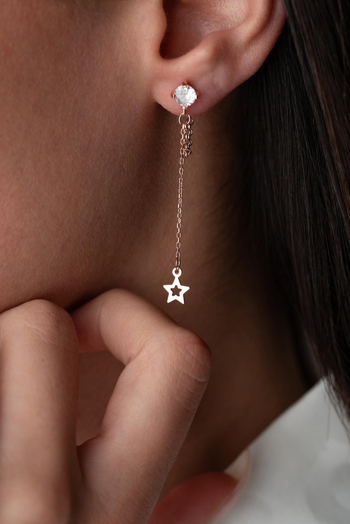 925 Ayar Gümüş Rose Kaplama 5 Mm Tektaş Sallantılı Zincir İçi Boş Yıldız Küpe