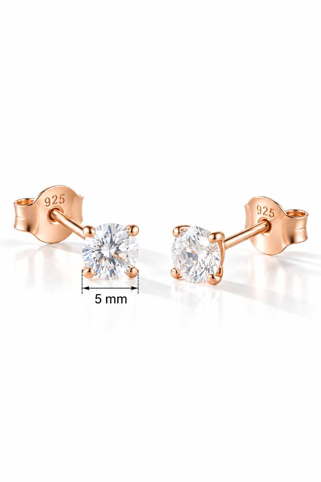 925 Ayar Gümüş Rose Kaplama 5 mm Yuvarlak Star Kesim Minimal Tektaş Küpe