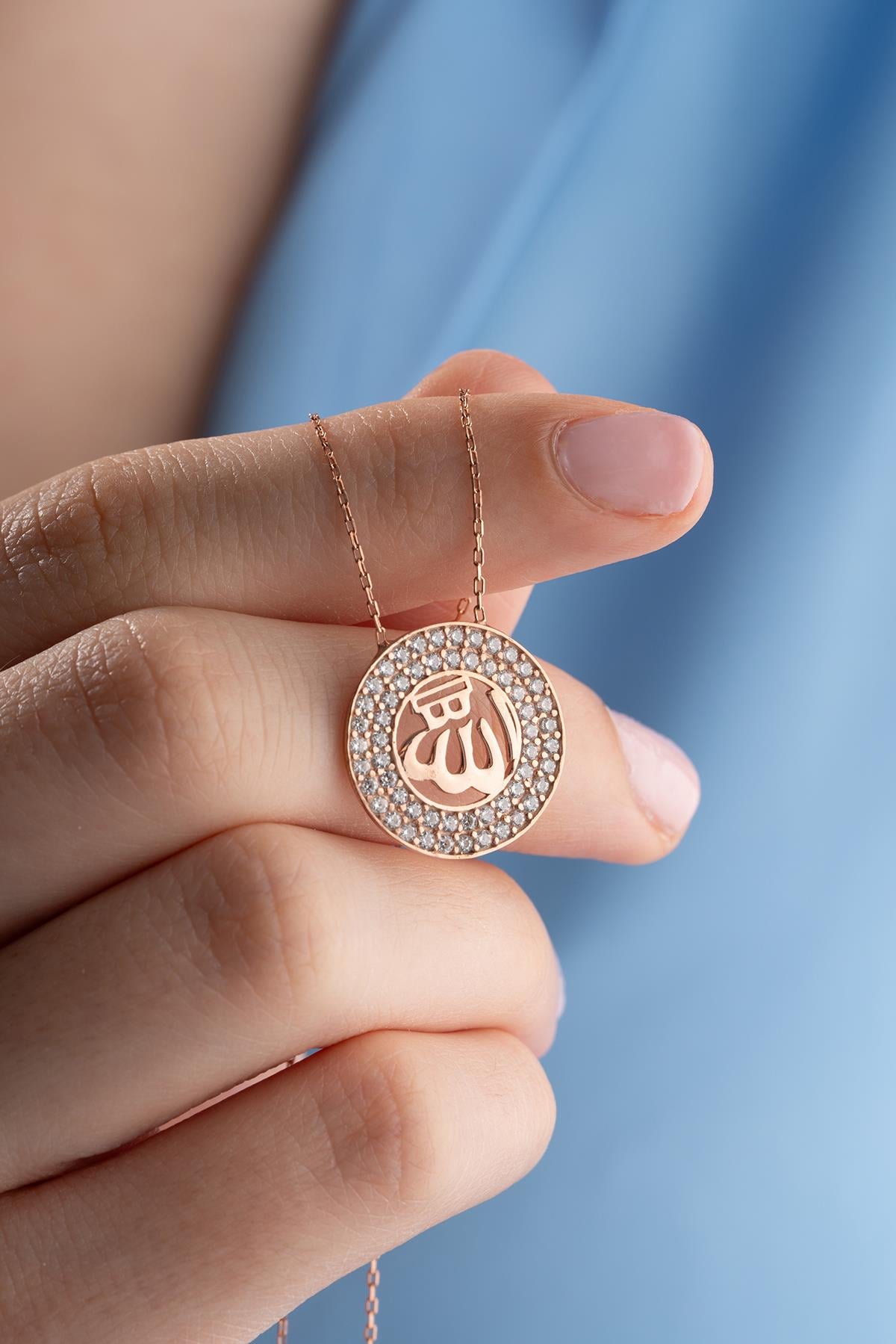 925 Ayar Gümüş Rose Kaplama Allah Lafzı Kolye