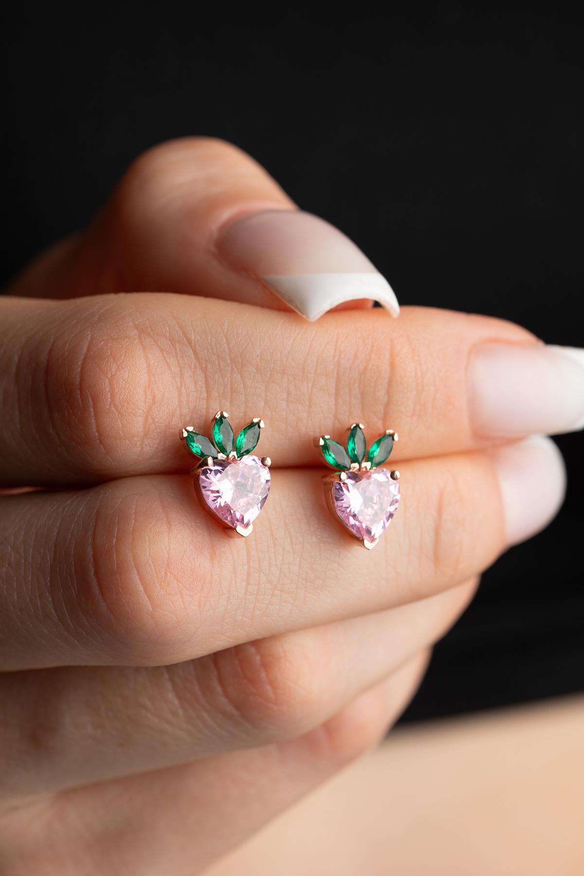 925 Ayar Gümüş Rose Kaplama Pembe Taşlı Çilek Küpe
