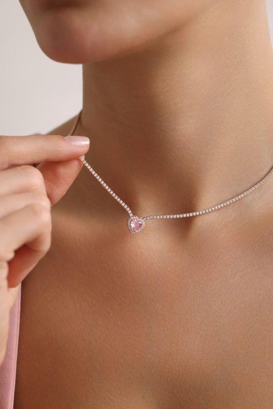 925 Ayar Gümüş Rose Kaplama Pembe Taşlı Suyolu Kolye