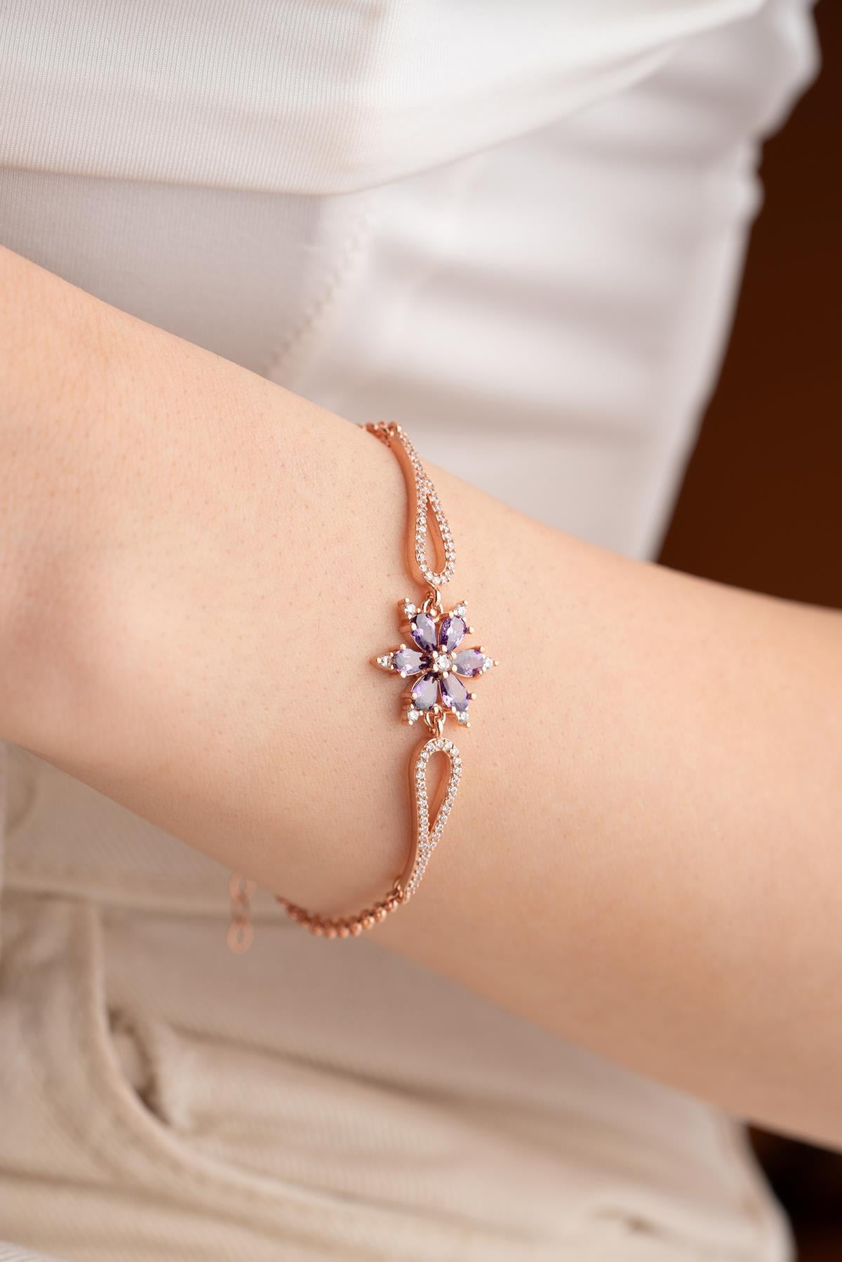925 Ayar Gümüş Rose Mor Zirkon Taşlı Çiçek Kelepçe Model Bileklik