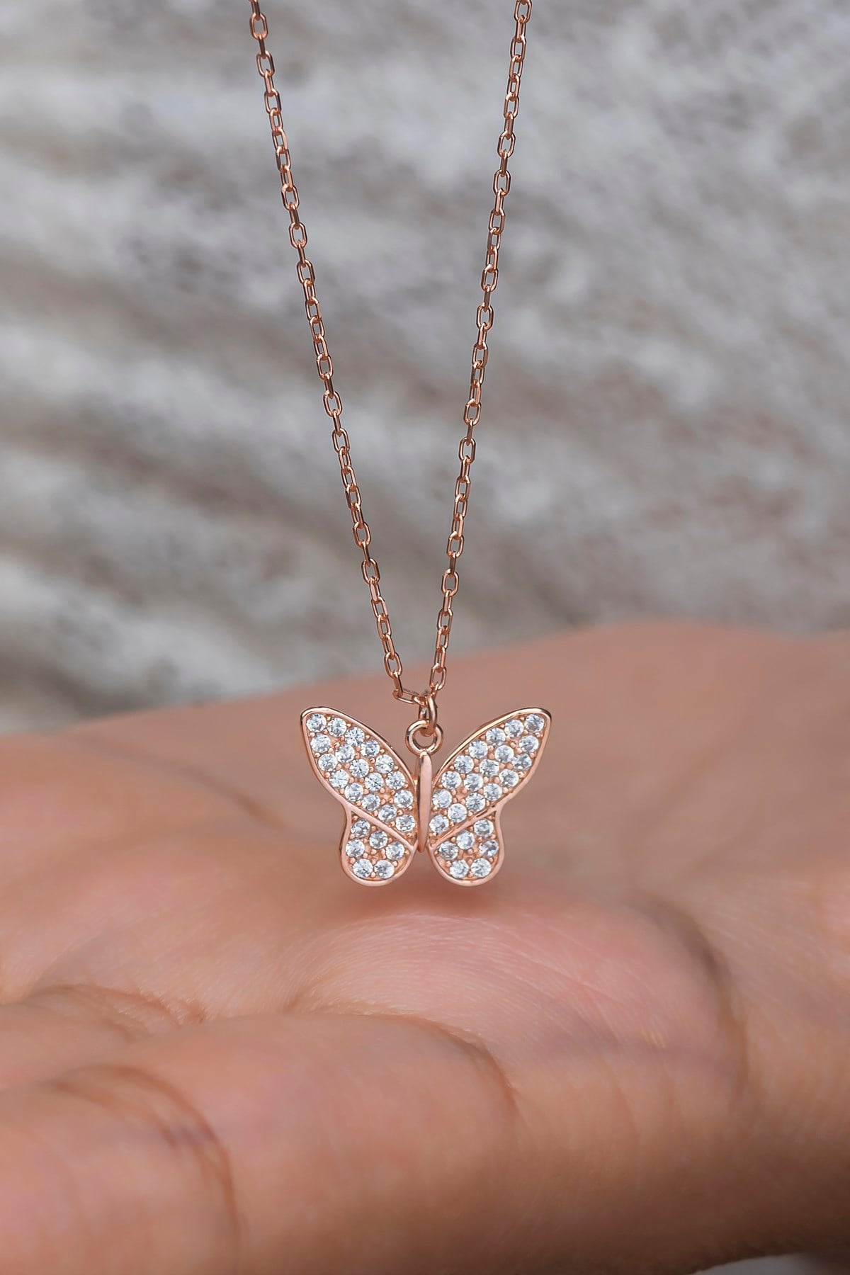 925 Ayar Gümüş Rose Zirkon Taşlı Kelebek Model Kolye