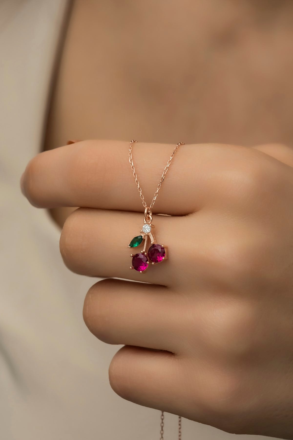 925 Ayar Gümüş Rose Zirkon Taşlı Kiraz Kolye