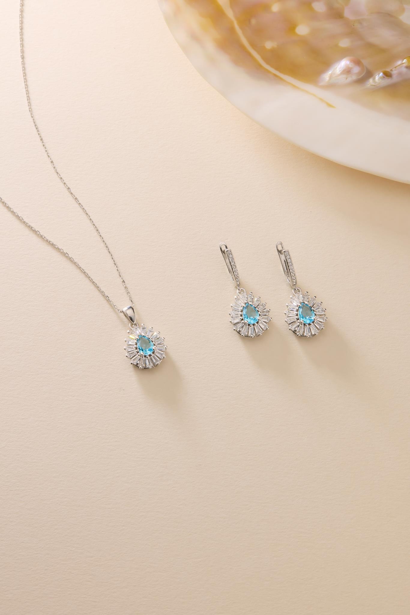 925 Ayar Gümüş Set Rodyum Kaplama Damla Aquamarin Taşlı Kolye ve Küpe