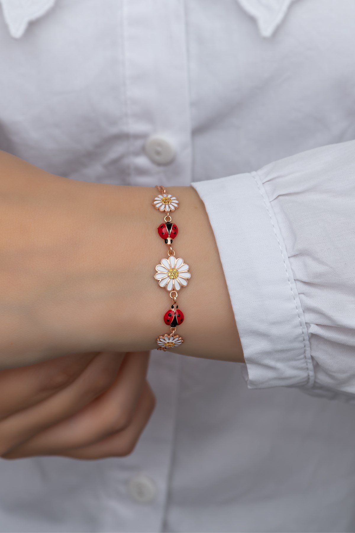 925 Ayar Gümüş Uğur Böceği 3'Lü Papatya  Bileklik