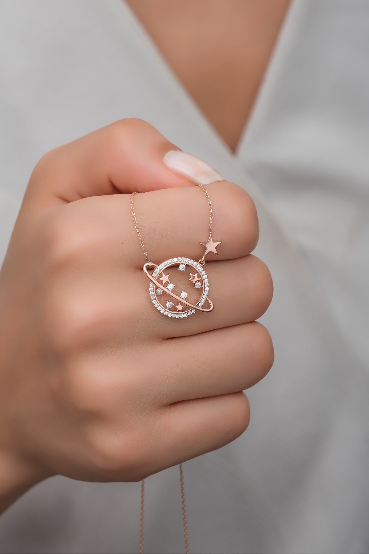 925 Ayar Gümüş Zirkon Taşlı Gezegen  Kolye