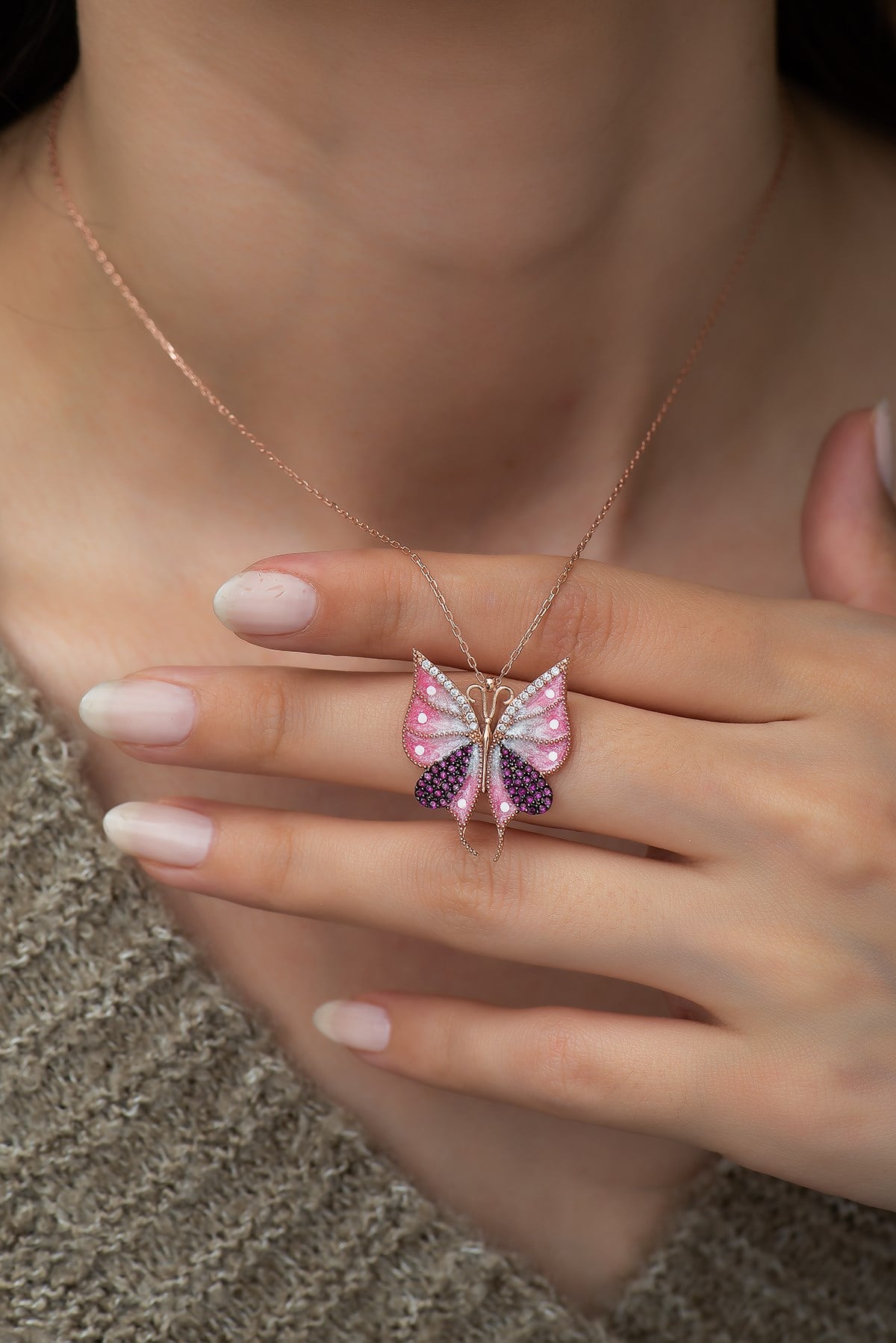 925 Ayar Pembe Kelebek Kadın Gümüş Kolye
