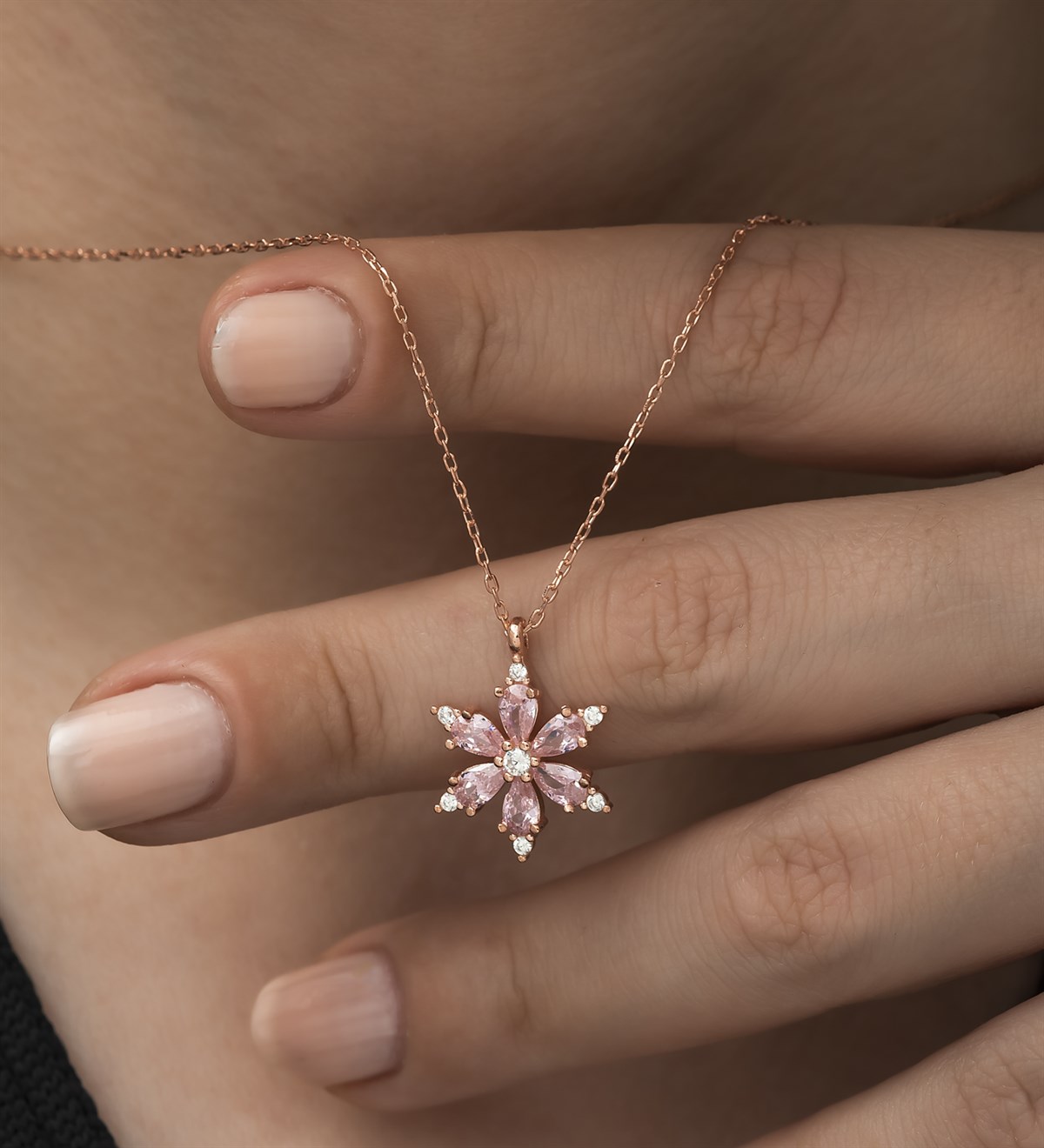 925 Ayar Pembe Taşlı Çiçek Kolye Kadın Gümüş Kolye