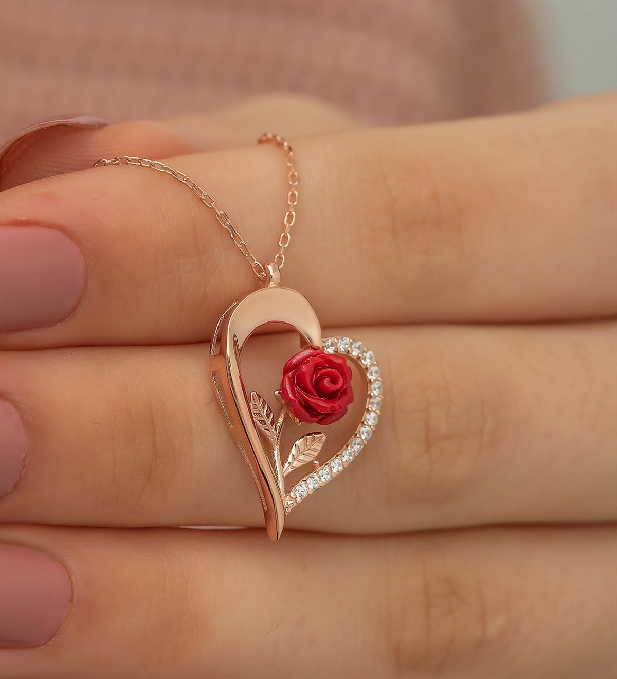 925 Ayar Rose Kırmızı Gül Kalp Kadın Gümüş Kolye