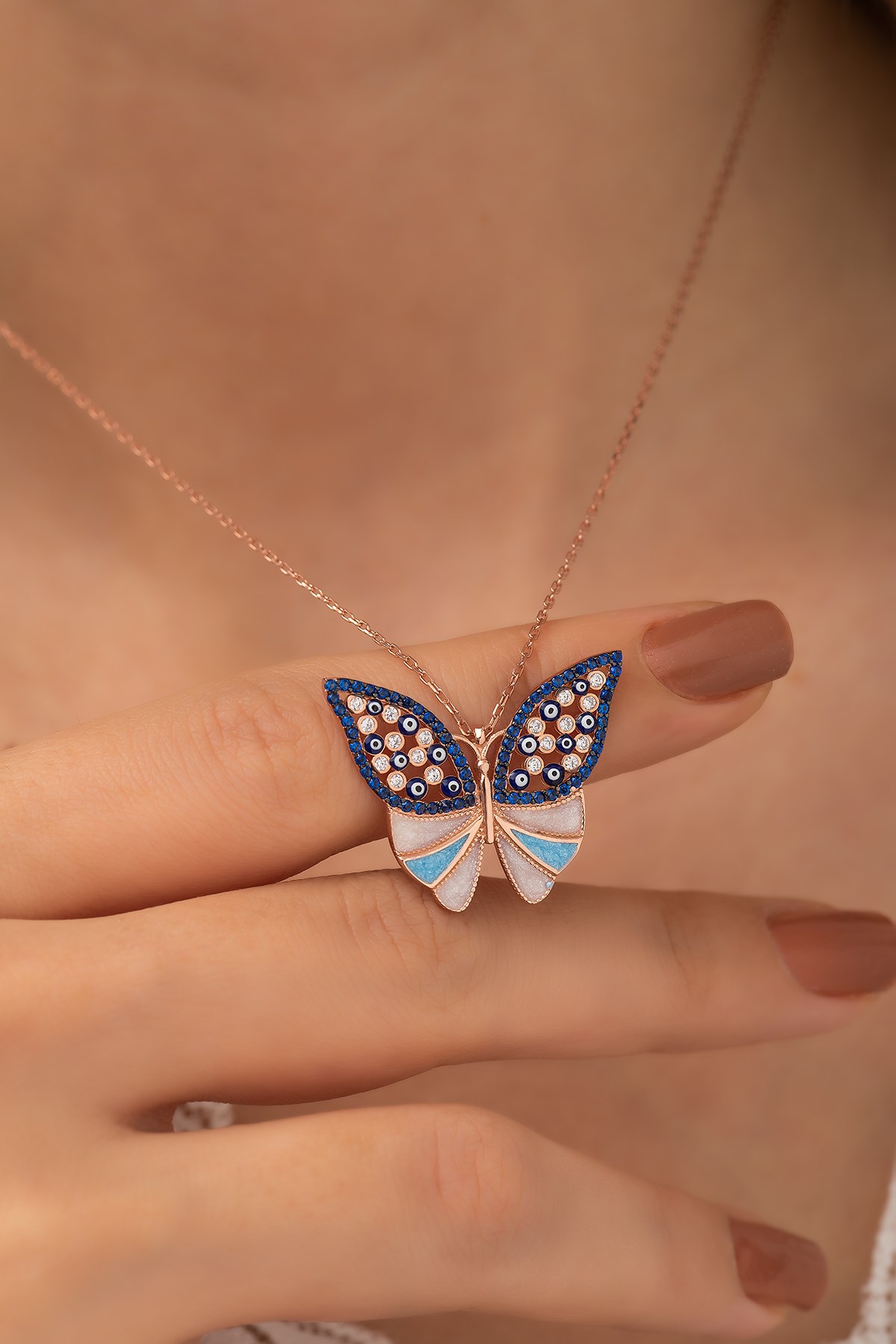 Mavi Taşlı Kelebek Kolye Bayan Gümüş Kolye