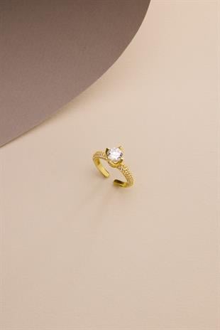 925 Ayar Gümüş Ayarlanabilir Gold Kaplama 3 Sıra Zirkon Taşlı 6 mm Tektaş Yüzük