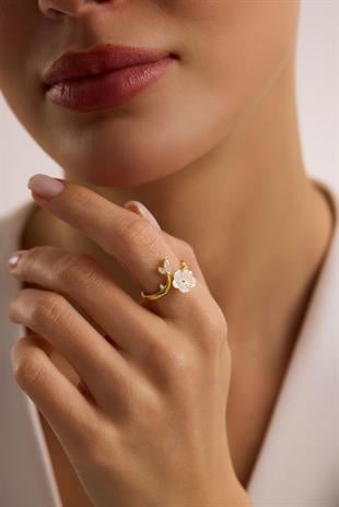 925 Ayar Gümüş Ayarlanabilir Gold Kaplama Dallı Manolya Çiçeği Yüzük