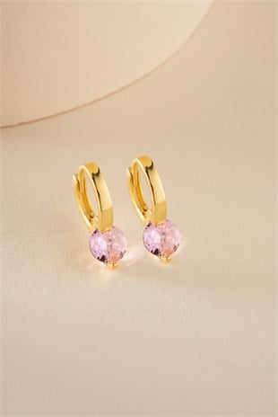 925 Ayar Gümüş Gold Kaplama 12 mm Pembe Taşlı Halka Küpe