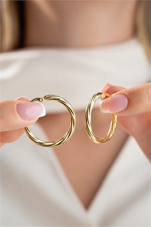 925 Ayar Gümüş Gold Kaplama 25 mm Burgu Model Şarnel Halka Küpe