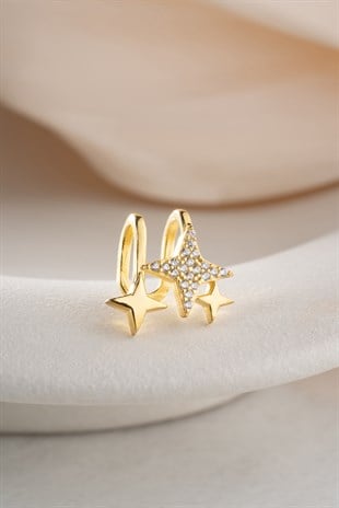 925 Ayar Gümüş Gold Kaplama 3 Yıldızlı Kıkırdak Küpe