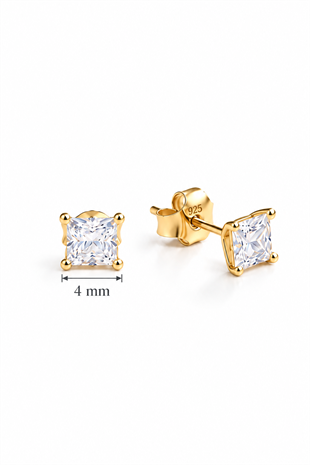 925 Ayar Gümüş Gold Kaplama 4 mm Kare Star Kesim Minimal Tektaş Küpe
