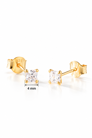 925 Ayar Gümüş Gold Kaplama 4 mm Kare Star Kesim Minimal Tektaş Küpe