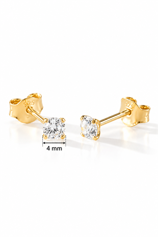925 Ayar Gümüş Gold Kaplama 4 mm Yuvarlak Star Kesim Minimal Tektaş Küpe