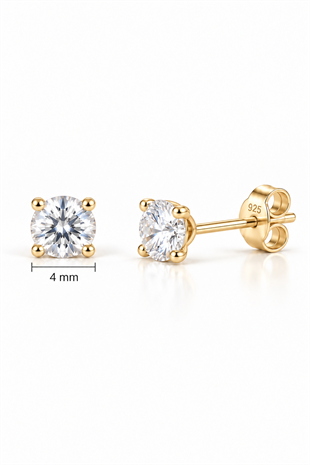 925 Ayar Gümüş Gold Kaplama 4 mm Yuvarlak Star Kesim Minimal Tektaş Küpe