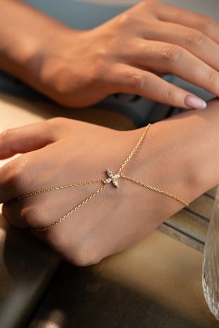 925 Ayar Gümüş Gold Kaplama 4 Yapraklı Çiçek Şahmeran Bileklik 