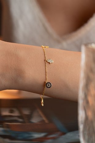 925 Ayar Gümüş Gold Kaplama 5 Figürlü Şans Bileklik