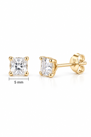 925 Ayar Gümüş Gold Kaplama 5 mm Kare Star Kesim Minimal Tektaş Küpe