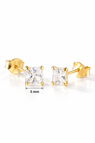 925 Ayar Gümüş Gold Kaplama 5 mm Kare Star Kesim Minimal Tektaş Küpe