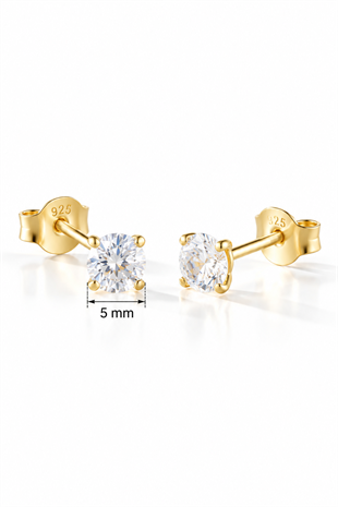 925 Ayar Gümüş Gold Kaplama 5 mm Yuvarlak Star Kesim Minimal Tektaş Küpe