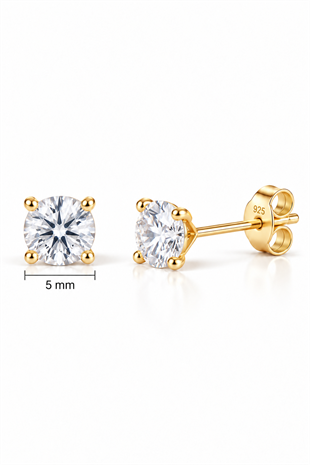 925 Ayar Gümüş Gold Kaplama 5 mm Yuvarlak Star Kesim Minimal Tektaş Küpe