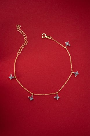 925 Ayar Gümüş Gold Kaplama Aquamarin Taşlı Kelebek Şans Bileklik