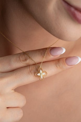 925 Ayar Gümüş Gold Kaplama Beyaz Taşlı 4 Yapraklı Yonca Kolye