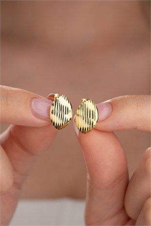 925 Ayar Gümüş Gold Kaplama Çizgili Mekik Model Küpe