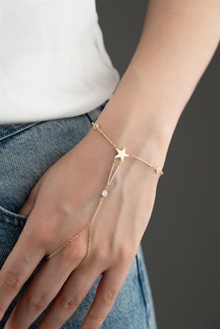 925 Ayar Gümüş Gold Kaplama Çubuk Model Yıldızlı Şahmeran Bileklik 