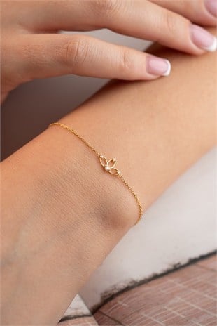 925 Ayar Gümüş Gold Kaplama Minimal Lotus Çiçeği Bileklik