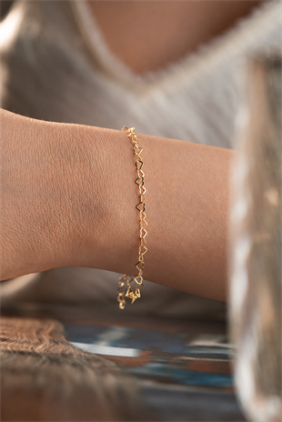 925 Ayar Gümüş Gold Kaplama Minimal Sade Sıralı Kalp Bileklik