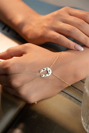 925 Ayar Gümüş Gold Kaplama Mix Taşlı At Nalı Model Şahmeran Bileklik 