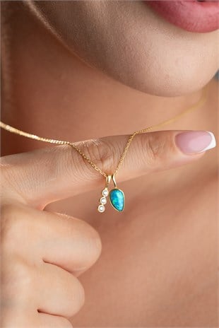 925 Ayar Gümüş Gold Kaplama Opal Taşlı zirkon Taş Figürlü Kolye