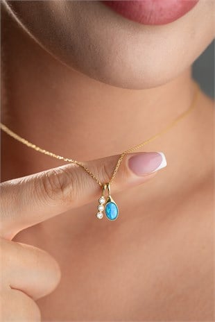 925 Ayar Gümüş Gold Kaplama Oval Opal Taşlı Zirkon Taş Figürlü Kolye