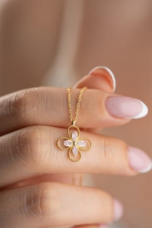 925 Ayar Gümüş Gold Kaplama Pembe Taşlı 4 Yapraklı Yonca Kolye