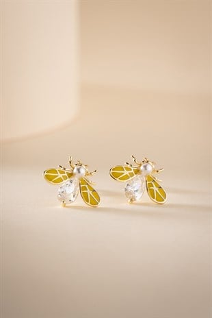 925 Ayar Gümüş Gold Kaplama Sarı Mineli ve zirkon Taşlı Arı Model Küpe