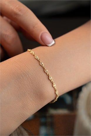 925 Ayar Gümüş Gold Kaplama Sıralı Mekik Tasarım Zirkon Taşlı Bileklik