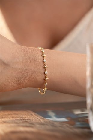 925 Ayar Gümüş Gold Kaplama Sıralı Yıldız Model Bileklik