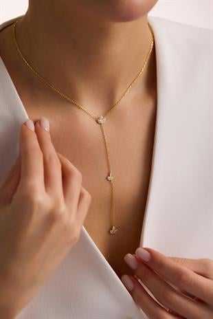 925 Ayar Gümüş Gold Kaplama Y Model Lotus Çiçeği Kolye