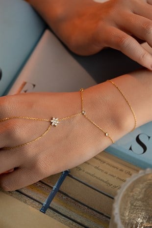 925 Ayar Gümüş Gold Kaplama Zirkon Taşlı Çiçek Model Şahmeran Bileklik 