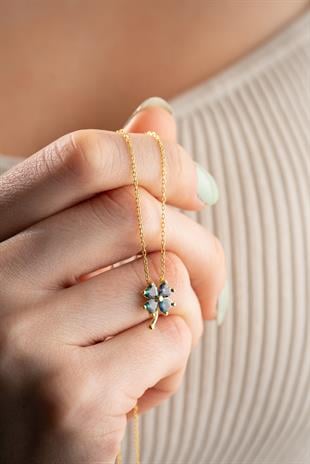 925 Ayar Gümüş Gold Mistik Topaz Taşlı Yonca Kolye