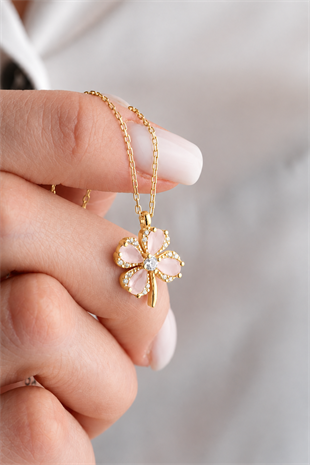 925 Ayar Gümüş Gold Pembe Zirkon Taşlı Dört Yapraklı Şans Yonca Kolye