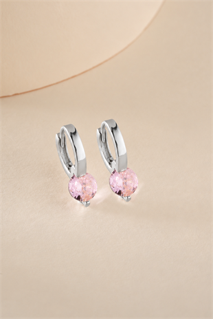 925 Ayar Gümüş Rodyum Kaplama 12 mm Pembe Taşlı Halka Küpe