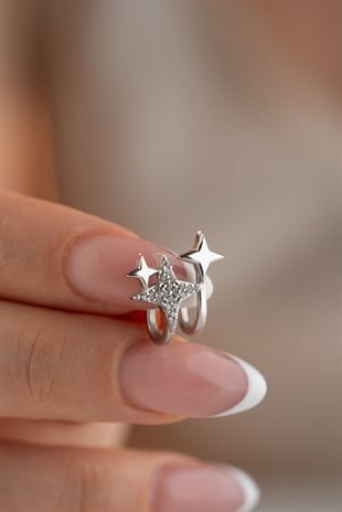 925 Ayar Gümüş Rodyum Kaplama 3 Yıldızlı Kıkırdak Küpe
